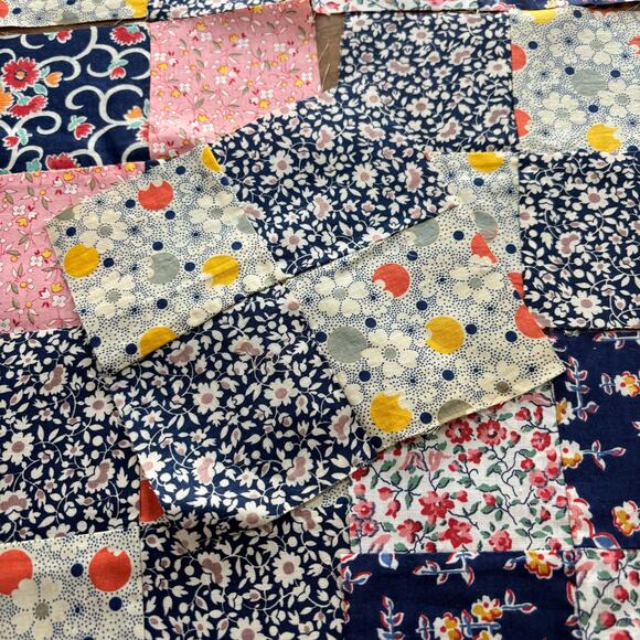 Vintage four patch quilt blocks hand pieced & sewn (21) navy pink gray florals - Picture 6 of 9